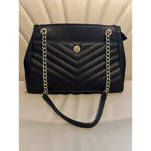 Anne Klein Black Chevron Shoulder Bag Gold Chain Lion Emblem